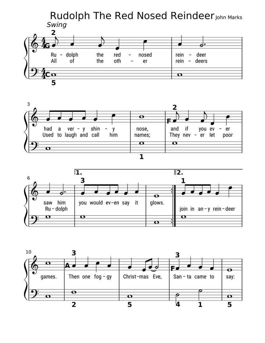 Rudolph The Red Nosed Reindeer (Simple) Sheet Music for Piano (Solo ...