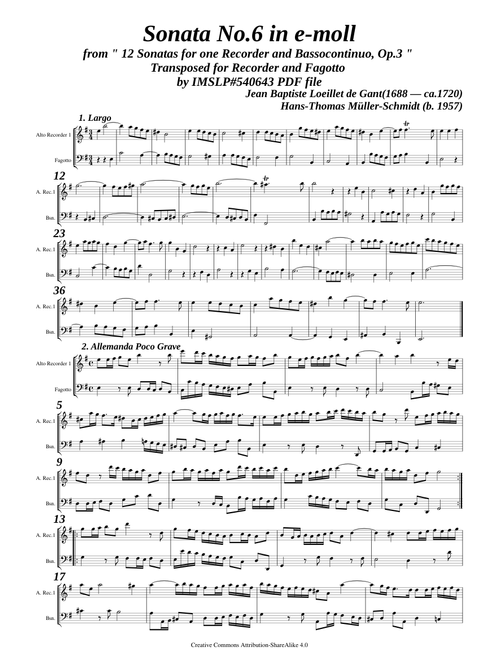 Loeillet, J. B. de Gant _ Recorder Sonata Op.3 No.6 e-moll [Rec,Bsn]