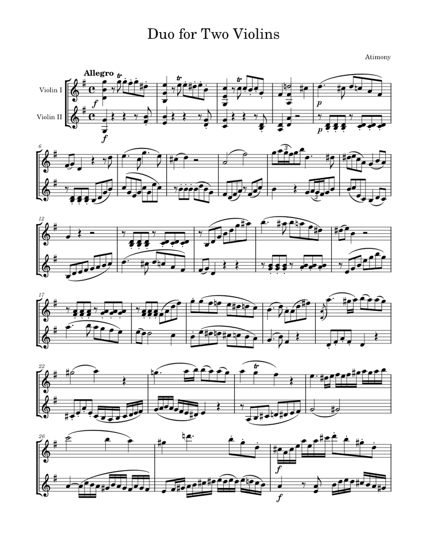 Duo for Two Violins in G major Sheet Music for Violin (String Duet ...