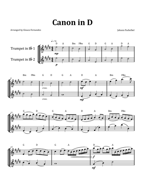 Canon by Pachelbel - Trumpet Duet with Chord Notation (Arr. Glauco Fernandes) - Johann Pachelbel (Trumpet Duet)