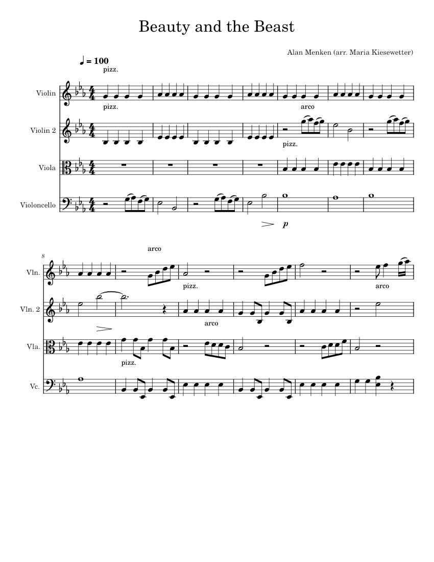 Beauty and the Beast String Quartet Sheet Music for Violin, Viola