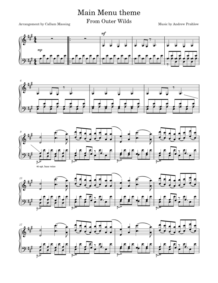 Outer wilds Main Menu theme Andrew Prahlow Sheet music for Piano