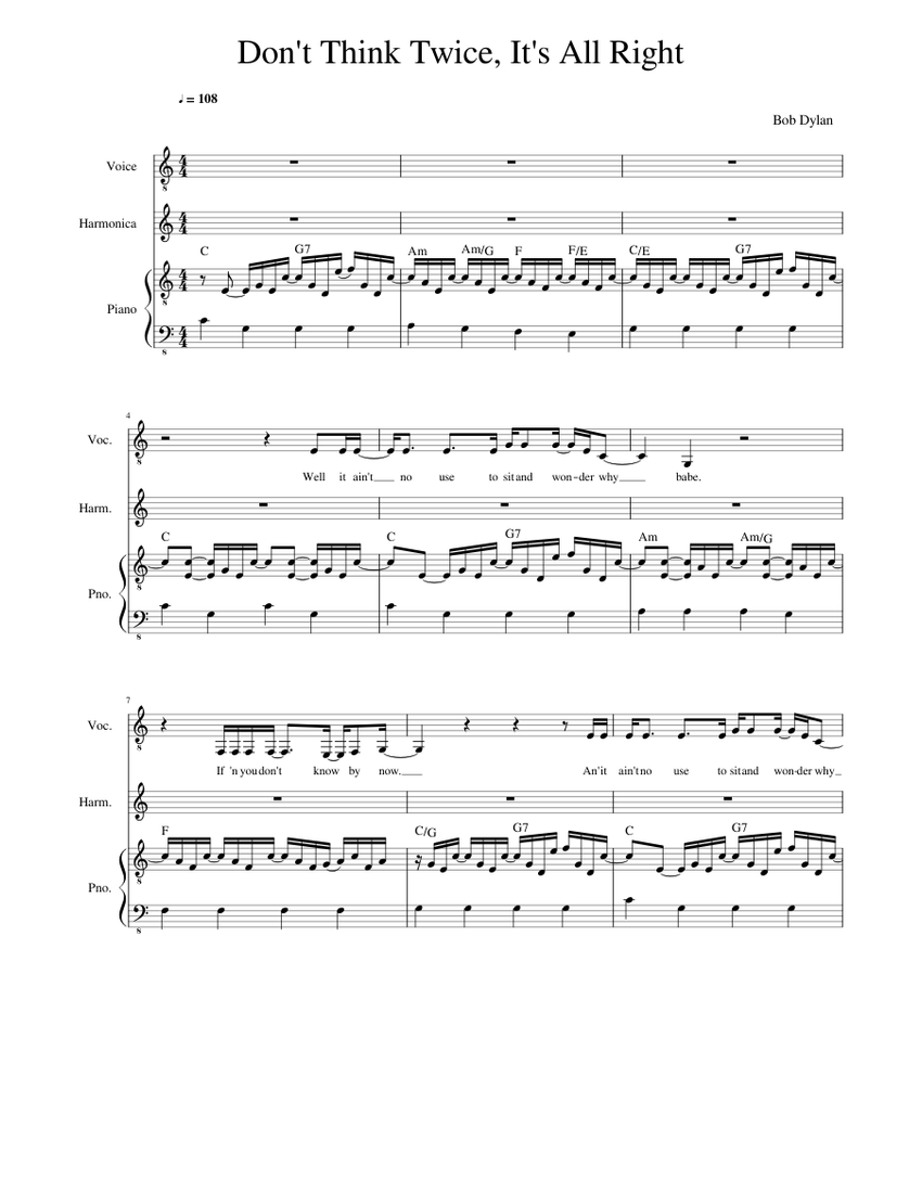 Bob Dylan Don't Think Twice, It's All Right Sheet music for Piano, Vocals, Harmonica (Mixed