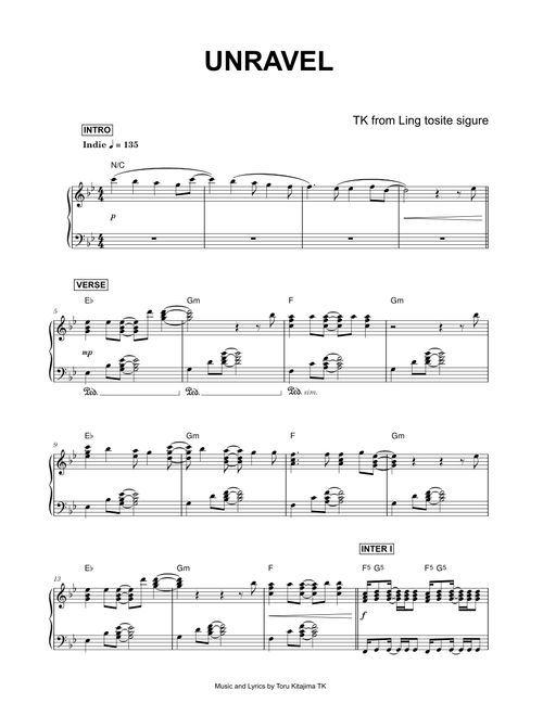 Unravel - TK from Ling tosite sigure (Piano)