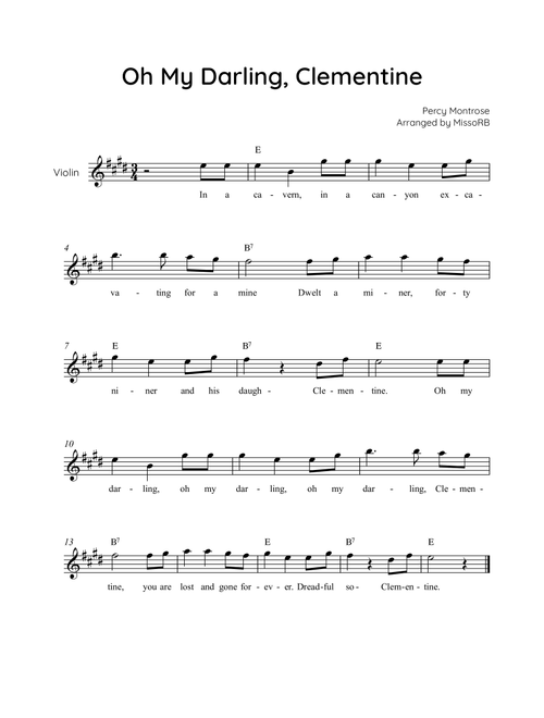 Oh My Darling, Clementine - Violin in E With Chords & Lyric - Easy (Arr. MissoRB) - Percy Montrose (Violin Solo)