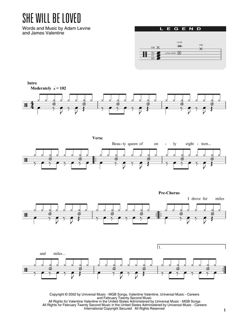 She Will Be Loved (arr. Kennan Wylie) - Maroon 5 (Drum Chart)