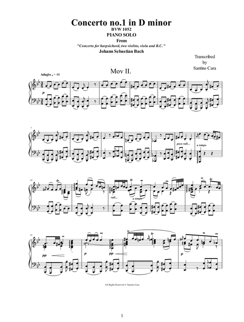 J.S.Bach - Concerto no.1 in D minor BWV1052 -2 Adagio - Piano version (Arr. Santino Cara) - Bach Johann Sebastian (Piano Solo)