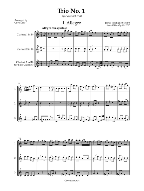 Trio No.1, Op.83 by James Hook for clarinet trio (Arr. Clive Lane) (Woodwind Ensemble)