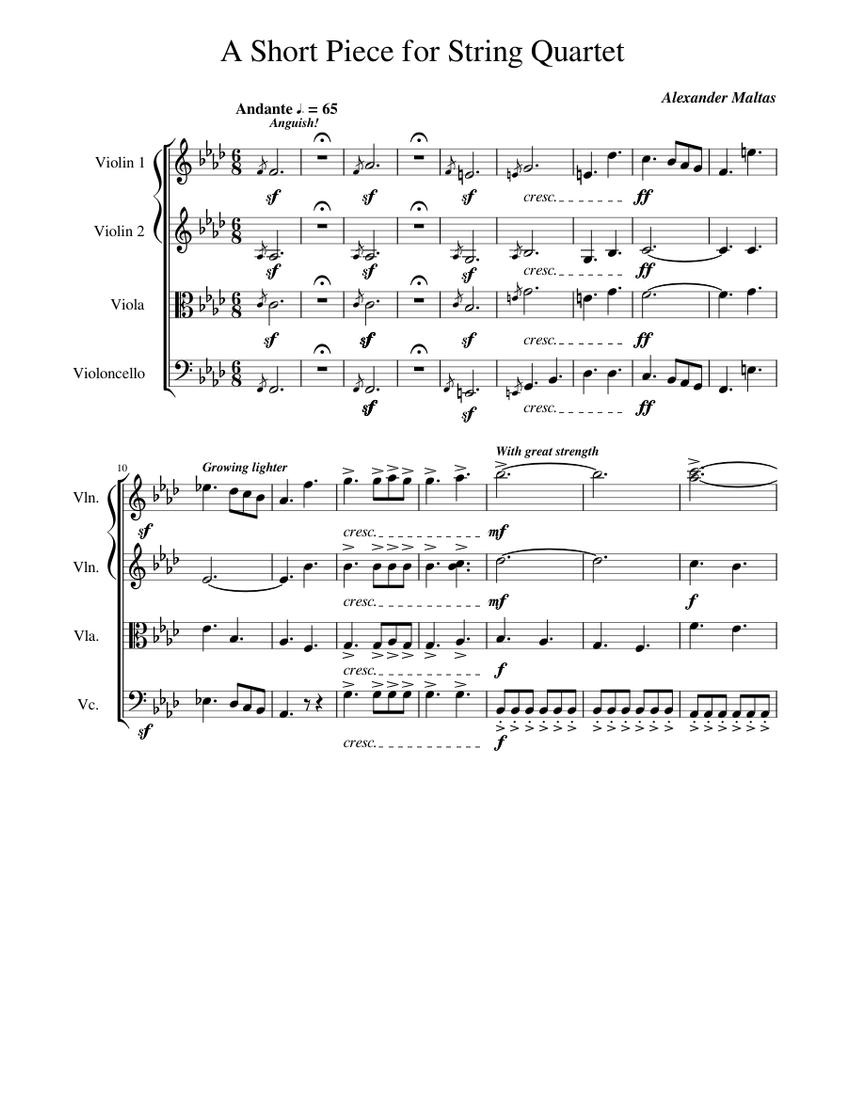 A Short Piece for String Quartet Sheet music for Violin, Viola, Cello
