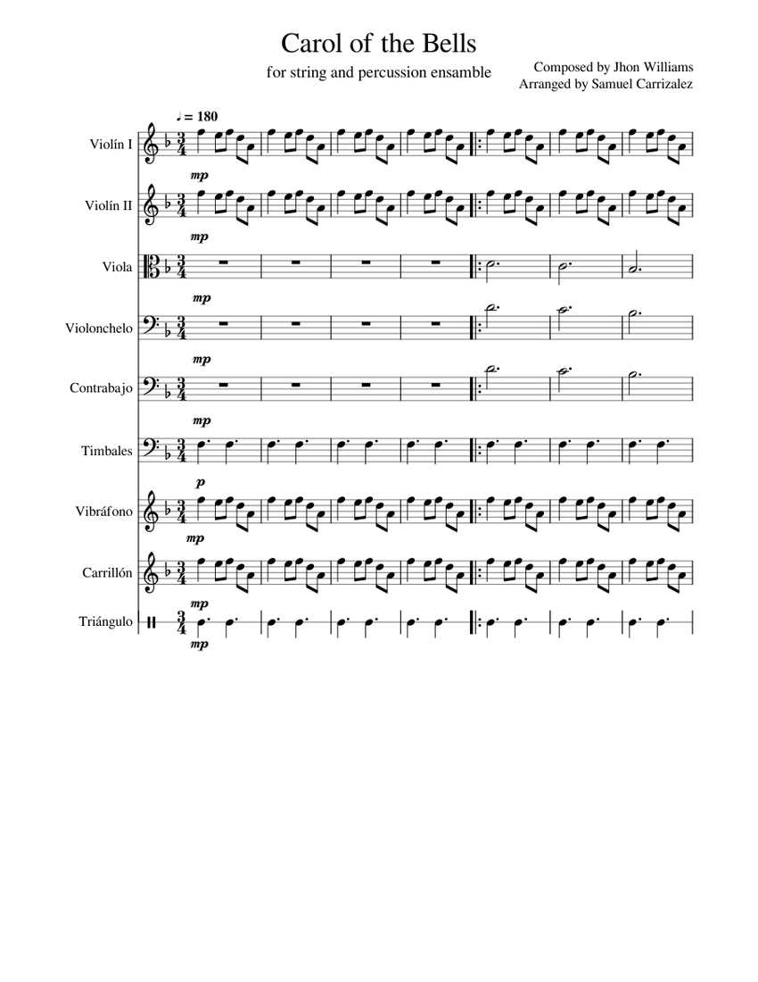 Carol of the Bells Sheet Music for Contrabass, Timpani, Vibraphone ...