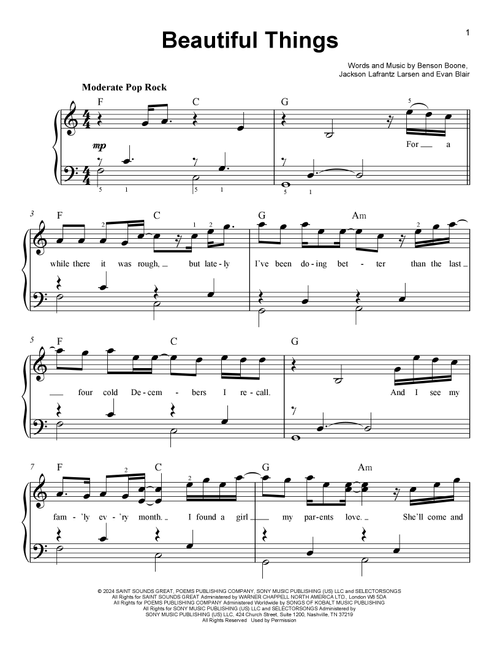 Beautiful Things - Benson Boone (Easy Piano)