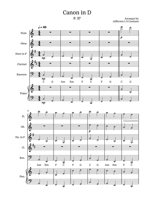 Canon in D: Woodwind Quintet and Piano with Chords (Arr. Jefferson LS Cassiano) - Pachelbel (Woodwind Ensemble)