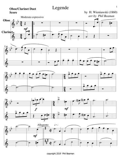 Legende-Wieniawski-Oboe/Clarinet duet (Arr. Phil Beaman) - H Wieniawski (Instrumental Duet)