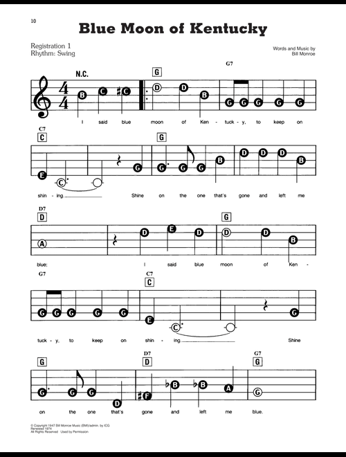Blue Moon Of Kentucky - Bill Monroe, Patsy Cline, Elvis Presley (E-Z Play Today)