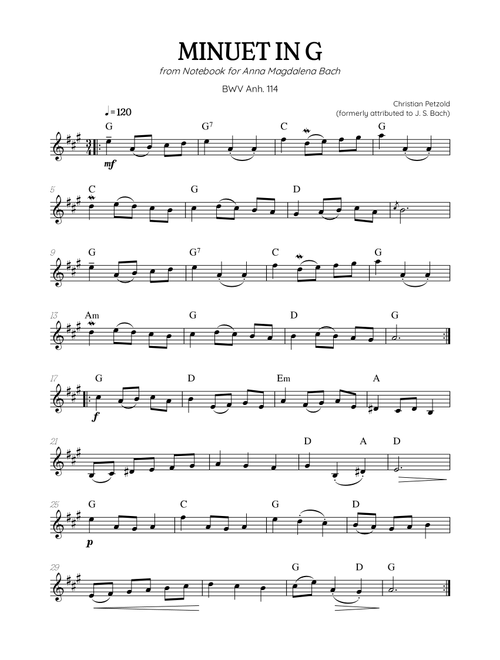 Petzold (Bach) Minuet in G BWV Anh 114 | trumpet solo (with chords) (Arr. Benzaiten Editions) - Christian Petzold, Johann Sebastian Bach (Trumpet Solo)