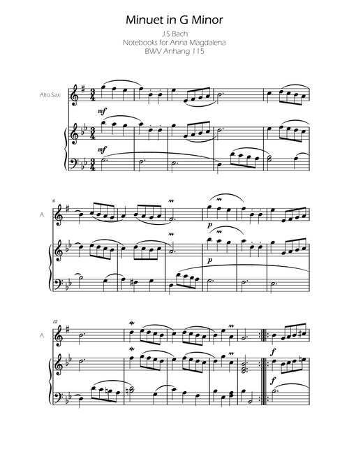 Minuet in G minor BWV Anh. 115 - Bach - Alto Sax (Arr. Ygor Nunes) - Johann Sebastian Bach (Alto Sax and Piano)