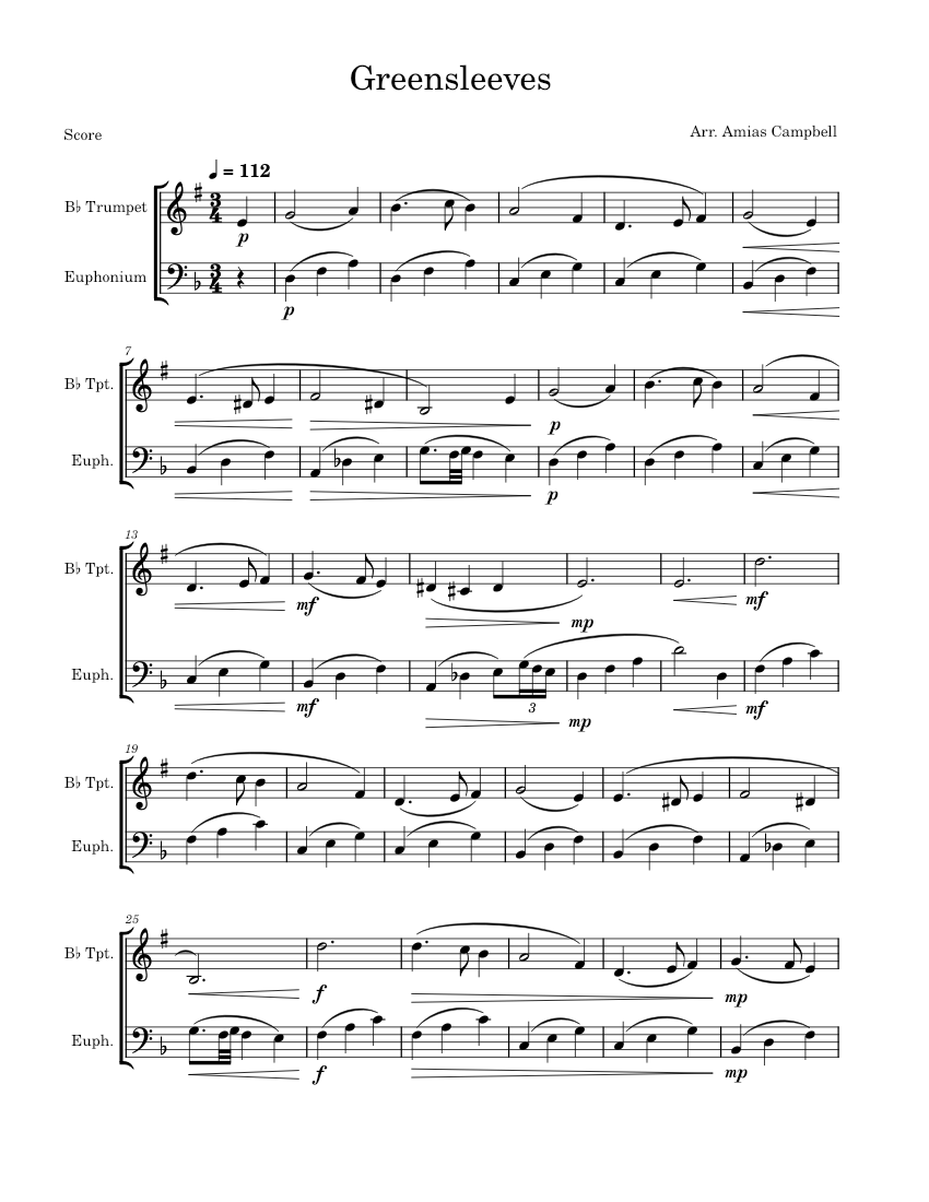 Greensleeves, Arr. for Trumpet/Euphonium Duet Sheet music for Euphonium