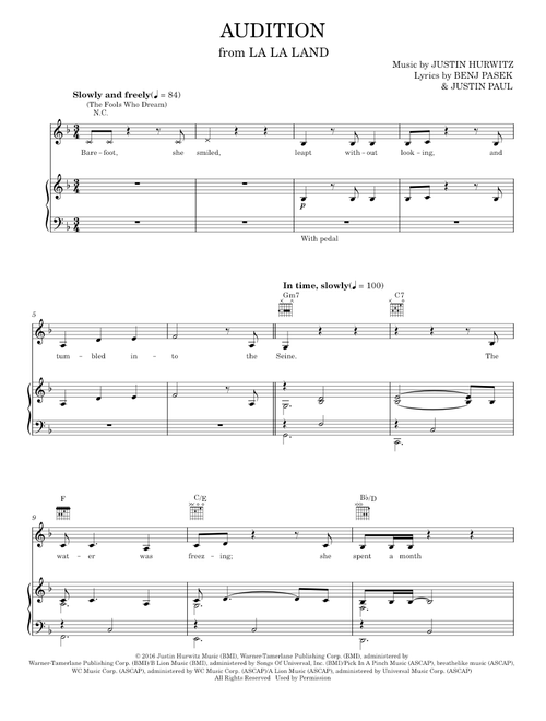 Audition (The Fools Who Dream) (from La La Land) - Emma Stone, Pasek & Paul (Piano-Vocal-Guitar)