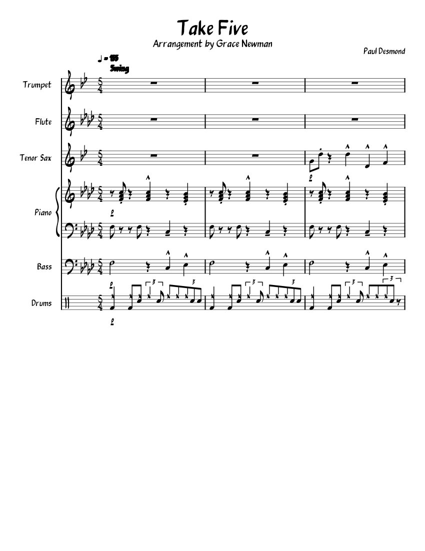 Take Five Sheet Music for Piano, Flute, Saxophone tenor, Trumpet in b ...