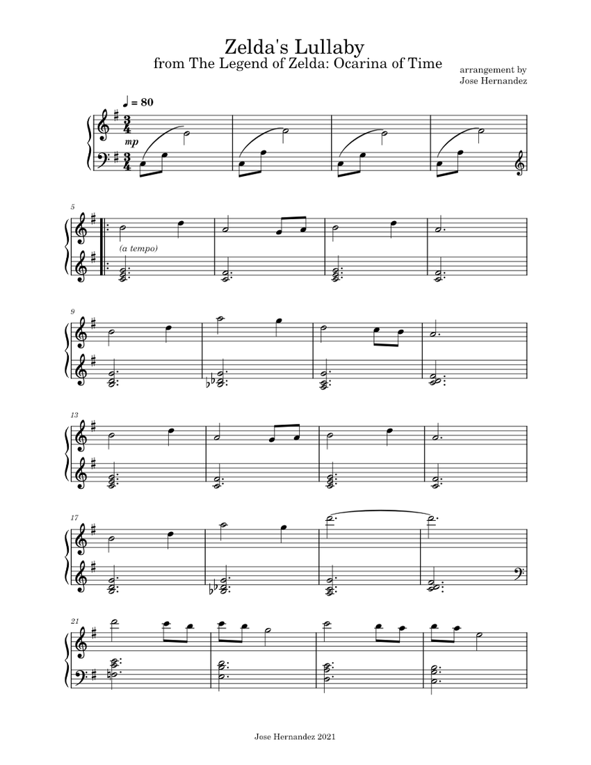 Zelda's Lullaby by Koji Kondo easy arrangement by Jose Hernandez Sheet