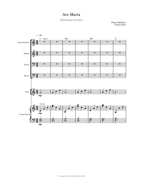 Ave Maria Christmas Verson Solo SATB flute or violin or cello and piano (Arr. Connie Boss) - Franz Schubert (Small Ensemble)