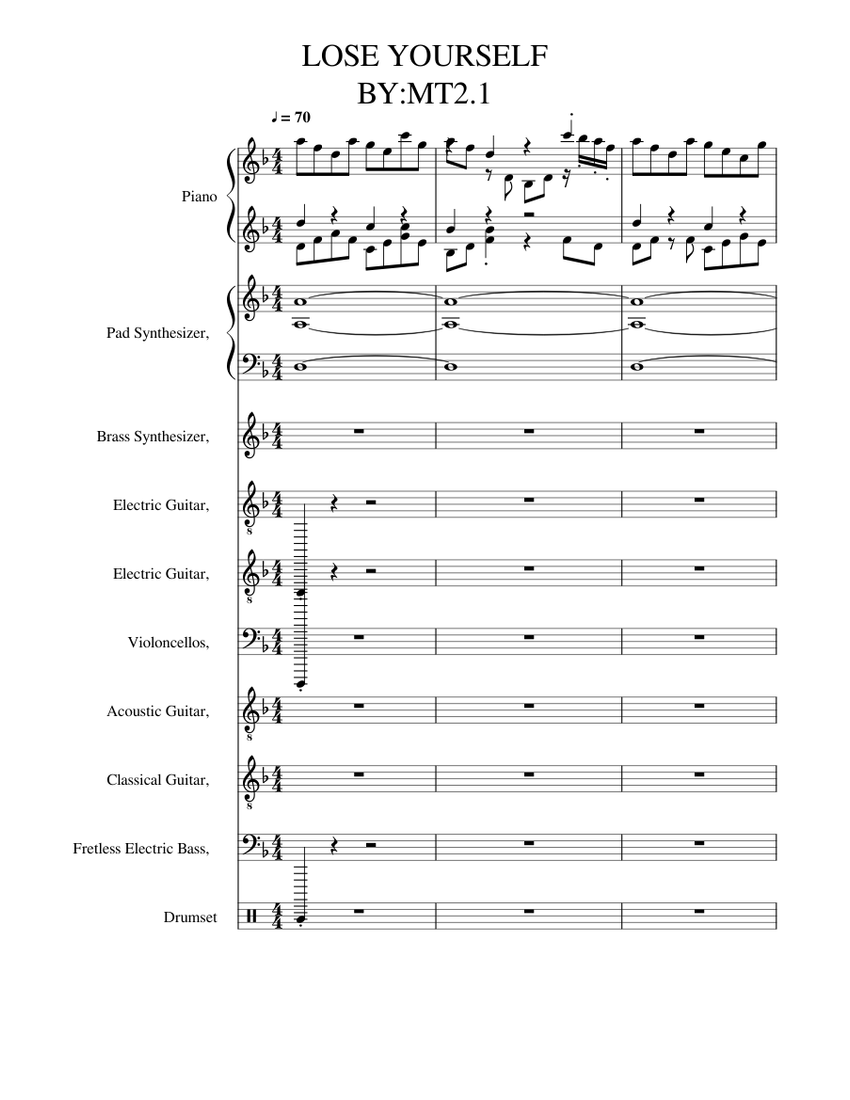 LOSE YOURSELF eminem Sheet Music for Piano, Guitar, Bass guitar, Drum group  \u0026 more instruments (Mixed Ensemble) | MuseScore.com, image size:850x1100