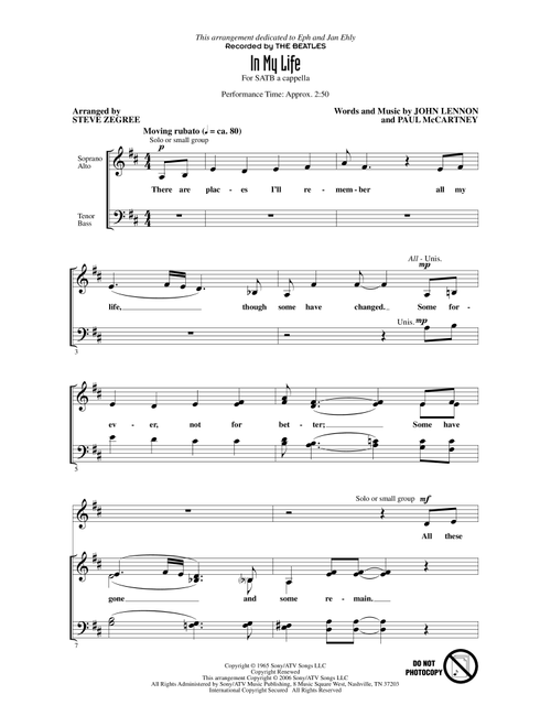 In My Life (arr. Steve Zegree) - The Beatles (Choral, SATB)