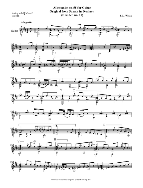 Allemande for guitar, Sonata in D-minor (Dresden no.11), S.L. Weiss