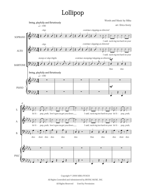 Lollipop (Arr. Erica Avery) - Mika (Choral, SAB)