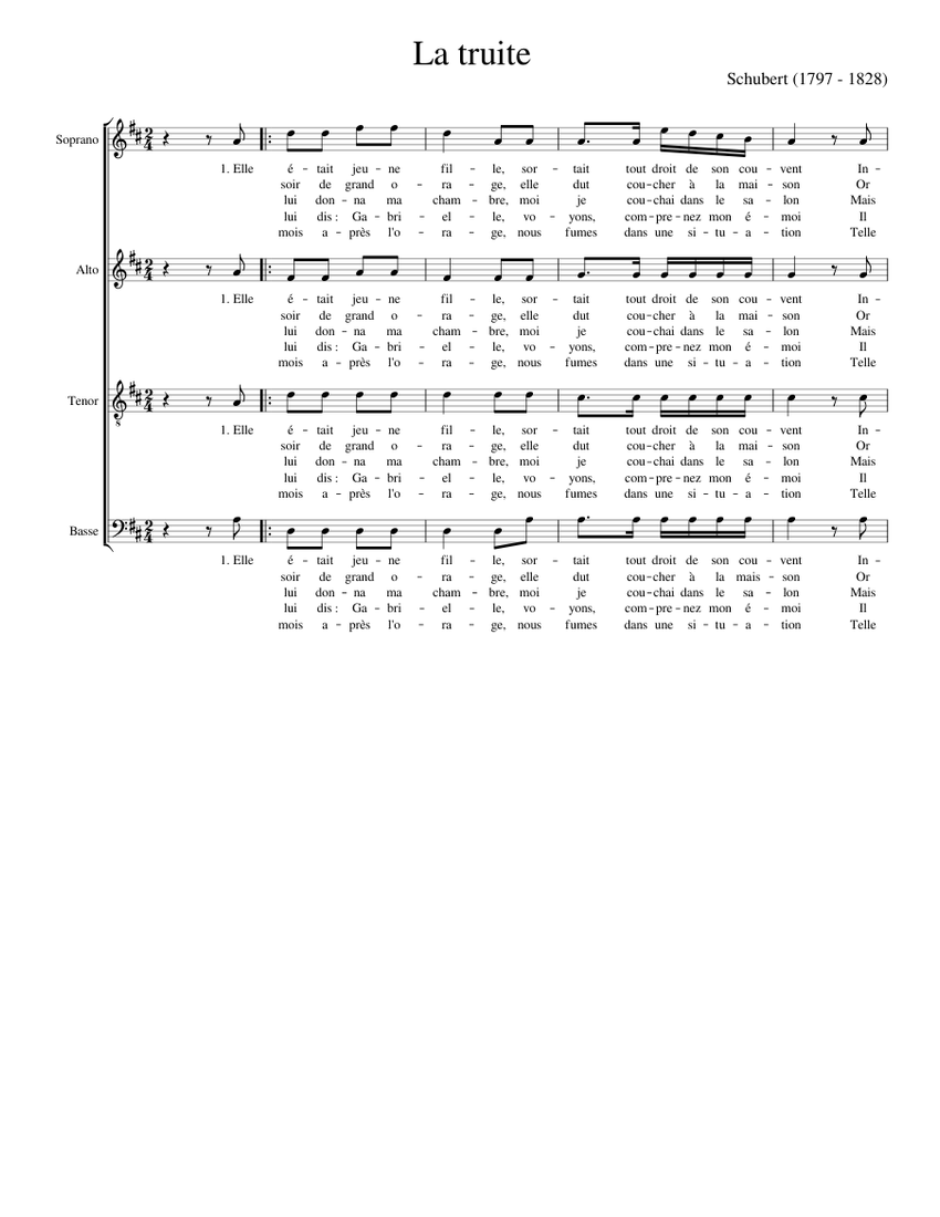 La Truite De Schubert Paroles Et Musique Schubert La truite paroles des fr res Jacques Sheet music for Soprano,  Alto, Tenor, Bass voice (Choral) | Musescore.com
