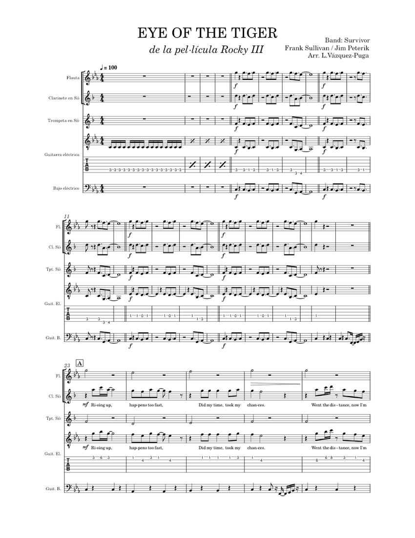 Eye of the tiger Survivor COMBO Sheet music for Flute, in b