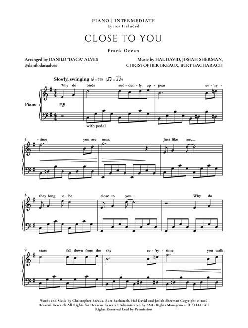 Close To You (Arr. Danilo "Daca" Alves) - Frank Ocean (Piano Solo)