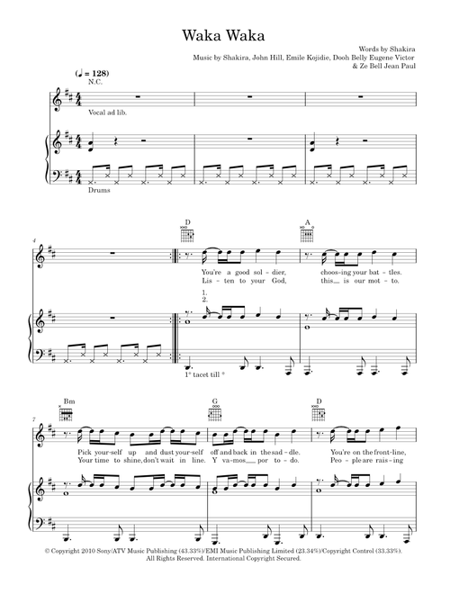 Waka Waka (This Time For Africa) (featuring Freshlyground) - Shakira, Shakira featuring Freshlygroun (Piano-Vocal-Guitar (Piano Accompaniment))