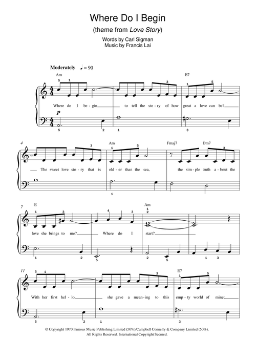Where Do I Begin (theme from Love Story) - Andy Williams (Beginner Piano (Abridged))