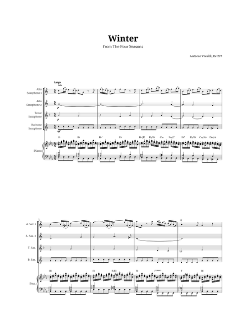 Largo from Winter by Vivaldi for Sax AATB Quartet and Piano with Chords (Arr. Langanho) - Antonio Vivaldi (Woodwind Ensemble)