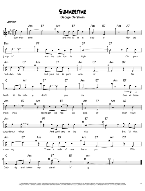 Summertime (Arr. Philip Jackson) - Ira Gershwin, DuBose Heyward, Dorothy Heyward (Lead Sheet - Fake Book)