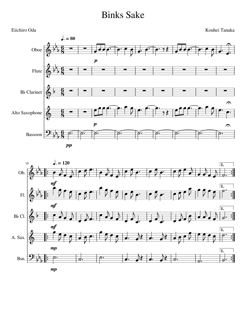One piece binks sake Misc Cartoons Sheet Music for Flute, Oboe