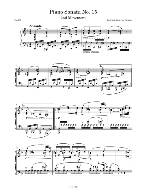 Piano Sonata No. 15 in D Major, Op.28 "Pastoral", 2nd Movement (Andante) – Ludwig Van Beethoven