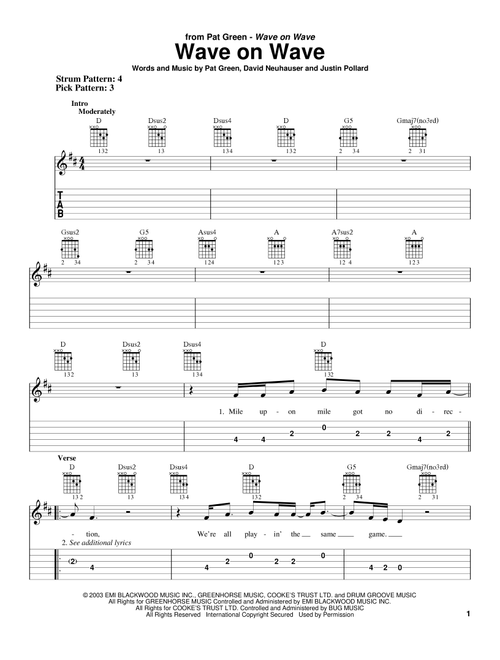 Wave On Wave - Pat Green (Easy Guitar with TAB)