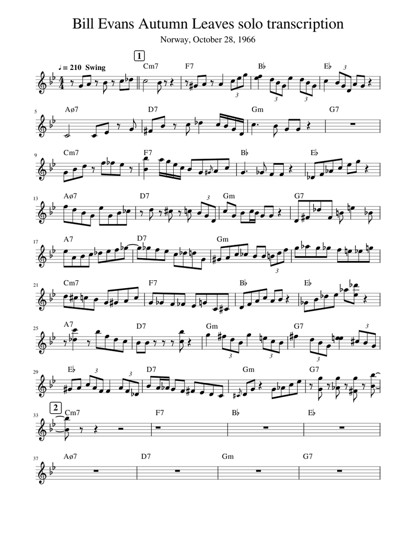Bill Evans Autumn Leaves transcription Sheet music for Piano (Solo) Easy | Musescore.com