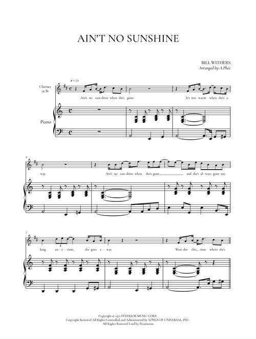 Ain't No Sunshine (Arr. Phee) - Bill Withers (Clarinet and Piano)
