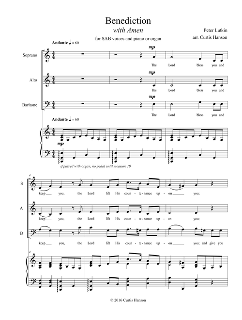 Benediction (SAB) (Arr. Curtis Hanson) - Peter Lutkin (Choral, SAB)