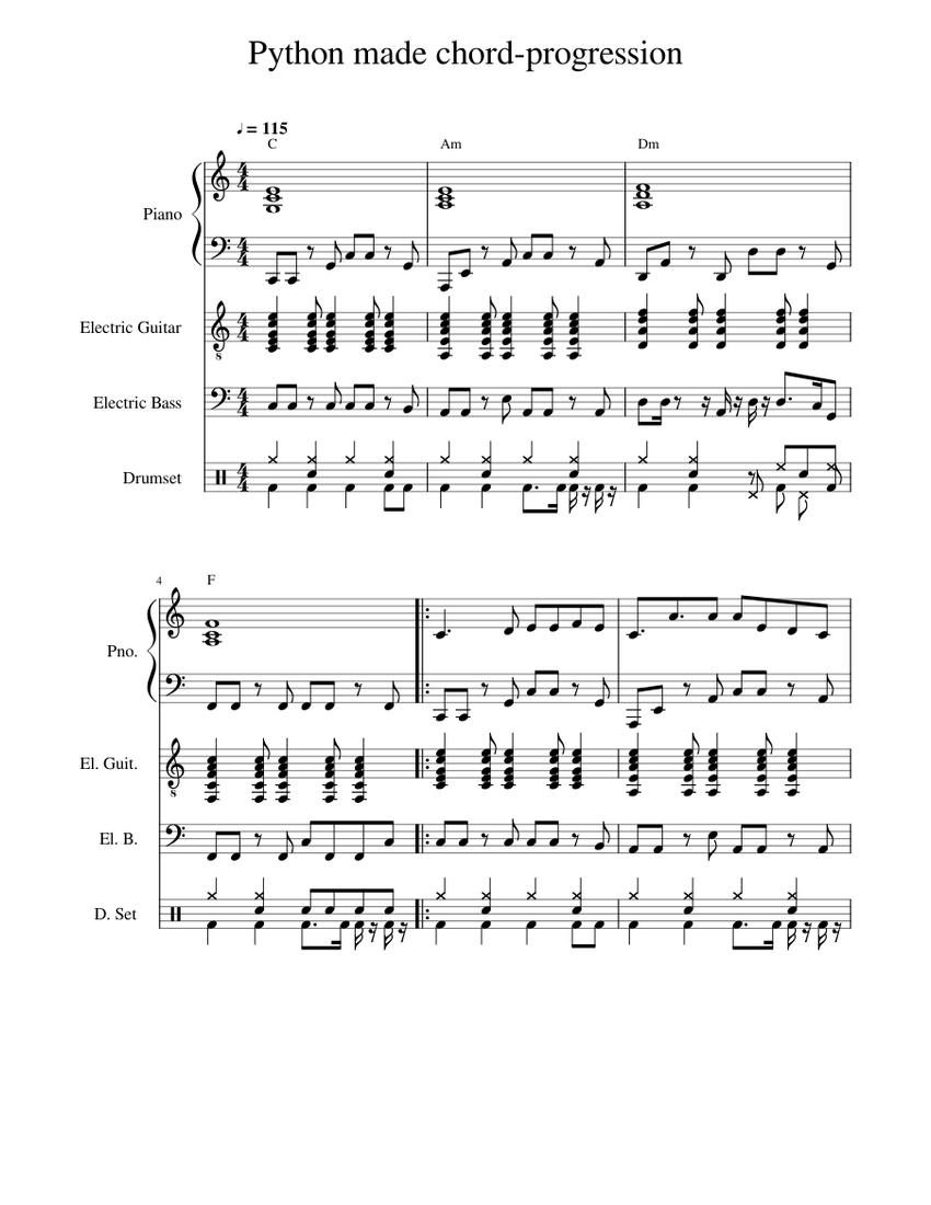Python made chord-progression Sheet music for Piano, Guitar, Bass ...