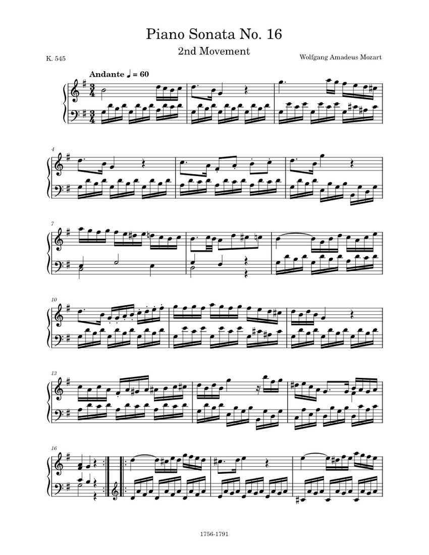 Piano Sonata No. 16 in C Major, K. 545, 2nd Movement – Wolfgang Amadeus ...