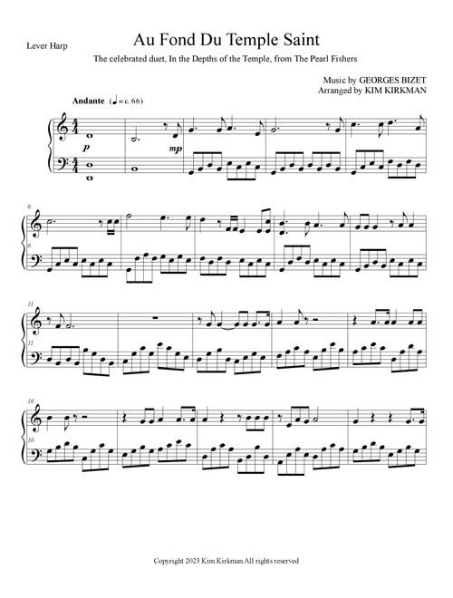 Au font du temple saint (The Peart Fishers Duet) for lever harp in C no levers required! (Arr. Kim Kirkman) (Harp)