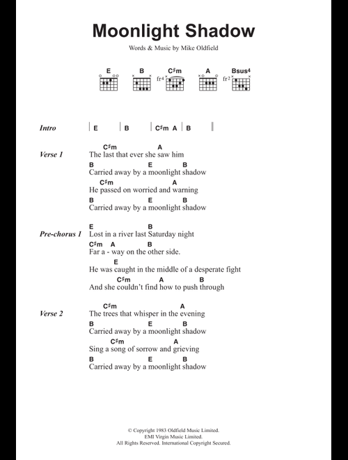Moonlight Shadow - Mike Oldfield (Guitar Chords-Lyrics)