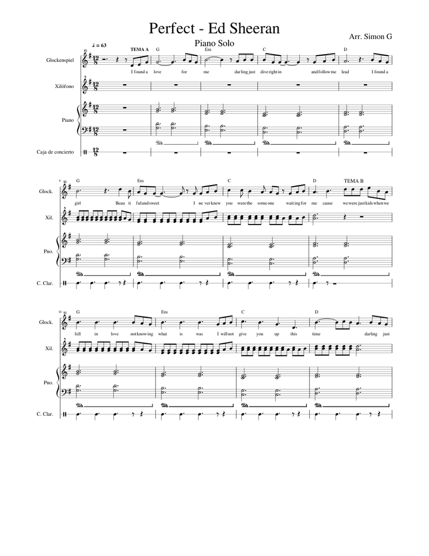 Perfect - Ed Sheeran Sheet Music for Piano, Glockenspiel, Snare drum ...