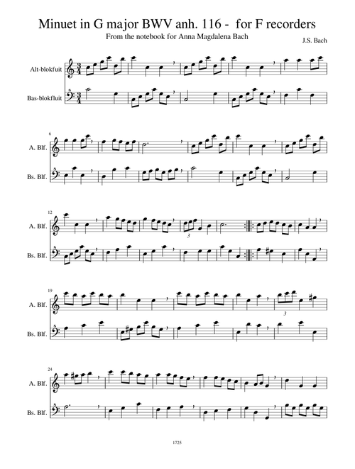 Minuet in G major BWV anh. 116 - for F recorders