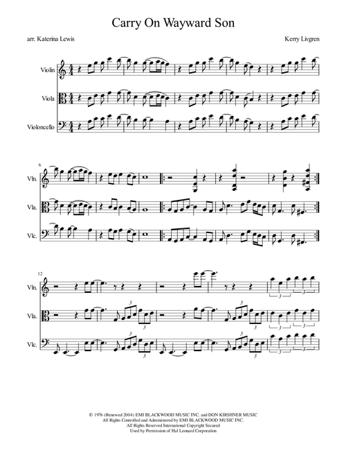 Carry On Wayward Son (Arr. Katerina Anne Lewis) - Kansas (String Ensemble)