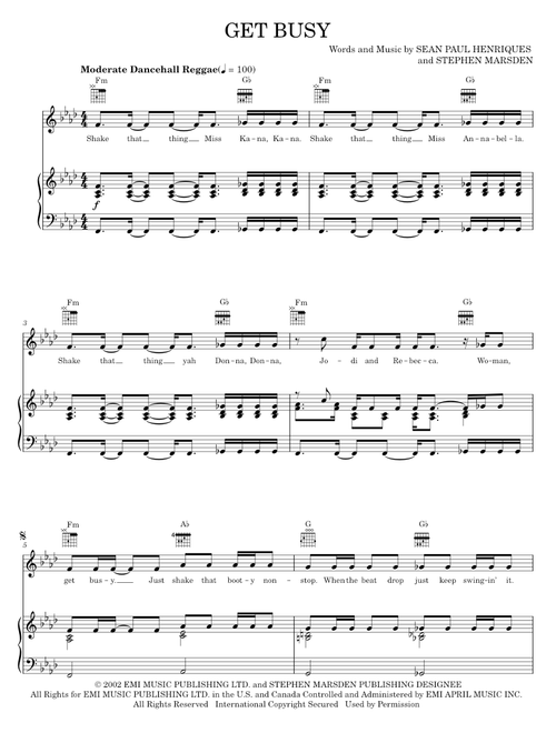 Get busy - Sean Paul (Piano-Vocal-Guitar)